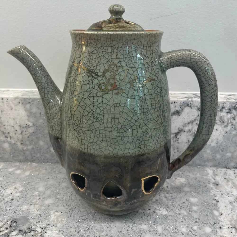 Vintage Somayaki Soma Ware Crackle Teapot Cream Sugar Double Wall Gold Horse